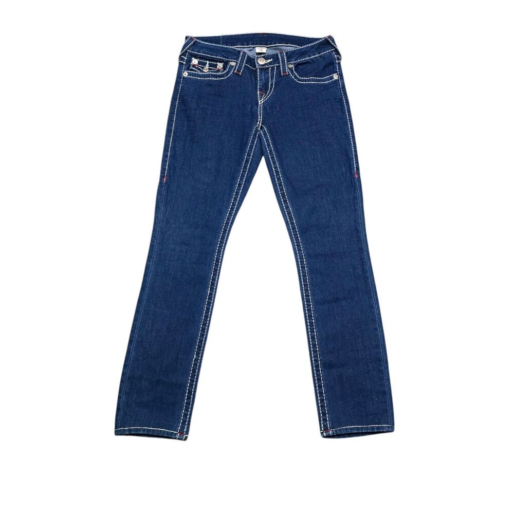 True Religion Big T Flap Womens Low Rise Skinny Stretch Thick Stitch Jeans 28x28